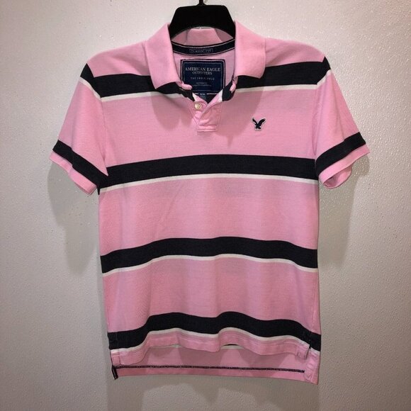 American Eagle Mens Medium Pink Striped Classic Fit Short Sleeve Polo Shirt Sz M - Picture 4 of 8